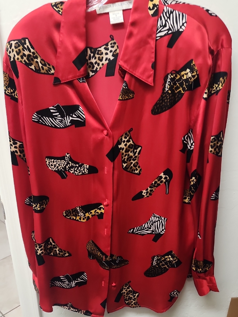 Jessica Howard Red Satin Shoe-Print Blouse